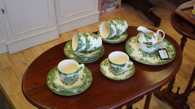 Johnson Bros Bird of Paradise Vintage Green Ironstone Tea Set (18pc, c.1950s)