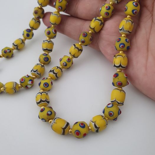Antique Venetian Style Yellow Skunk & Trade Glass Beads Necklace