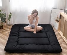 Japanese Floor Mattress Futon Mattress, Thicken Tatami Mat Sleeping Pad Foldable Roll Up Mattress Dormitory Mattress Pad Floor Lounger Pillow Bed (Single, Black)