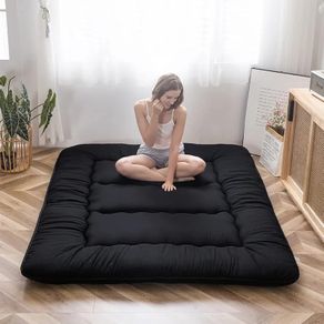 Japanese Floor Mattress Futon Mattress, Thicken Tatami Mat Sleeping Pad Foldable Roll Up Mattress Dormitory Mattress Pad Floor Lounger Pillow Bed (Single, Black)