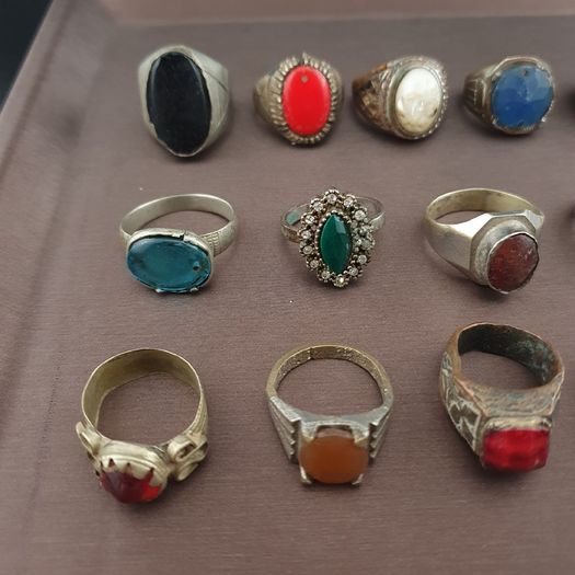 15 Antique Style Brass Rings Mixed Glass & Stone Ring Collection