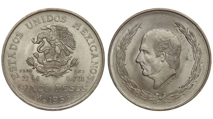 Mint State Mexico 5 Pesos 1953 Hidalgo Silver