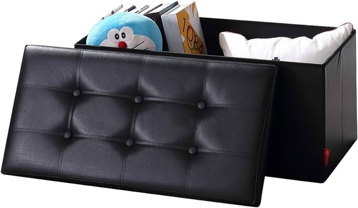 MULTIPLE COLOURS AVAILABLE Folding Ottoman Bench Storage Box with Lid, Large Storage Seat Faux Leather Footstool Toy Storage Box, Black, 76 x 38 x 38 cm