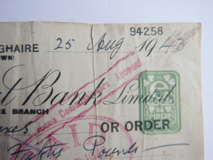 Vintage Cheque from The National Bank Limited, Dun Laoghaire Branch, dated August 25, 1943