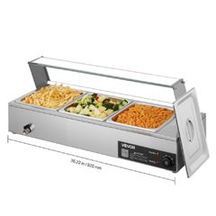 Buffet Food Warmer Stainless Steel 3 Pans with Glass Shield Commercial Countertop Bain Marie 220v