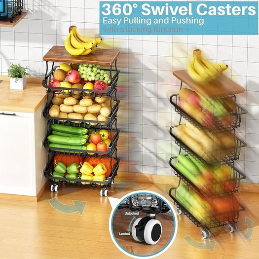 5 Tier Vegetable Fruit Basket for Kitchen, Stackable Metal Fruit and Vegetable Storage Baskets with Rolling Wheels Cart, Pantry organisers and storage for Kitchen Bathroom Livingroom Laundry room Cart