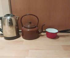 Original enamel kettle & small enamel saucepan