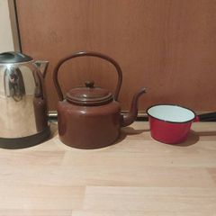 Original enamel kettle & small enamel saucepan