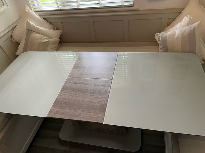 tempered glass extendable  table, driftwood colour base