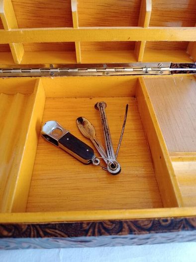 Vintage Tooled Leather Musical Cigar Box with Accessories