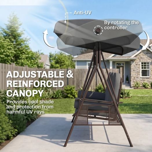 3 Seat Garden Swing Chair Steel Swing Bench w/ Cushions Cup Trays