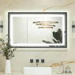 Black Bathroom Mirror with Led Lights 60x80cm, Antifog Vanity Mirror Black Frame Back and Front Lit 3 Colour Dimmable Illuminated Wall Mounted Rectangle Digital Mirrors