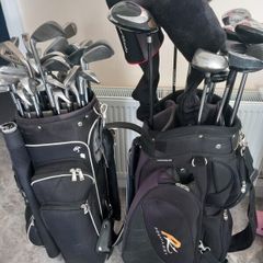 A selection of golf clubs and bags.