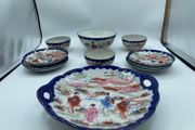 Vintage Japanese Geisha Girl Plates Set Scalloped Cobalt Blue Hand Painted