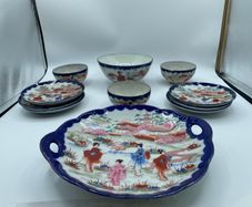 Vintage Japanese Geisha Girl Plates Set Scalloped Cobalt Blue Hand Painted