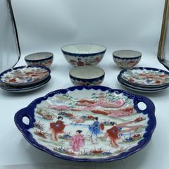 Vintage Japanese Geisha Girl Plates Set Scalloped Cobalt Blue Hand Painted