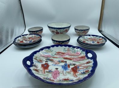 Vintage Japanese Geisha Girl Plates Set Scalloped Cobalt Blue Hand Painted