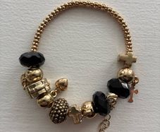 Gold & Black Religious Cross Dangle Charm Beaded Bracelet  Description