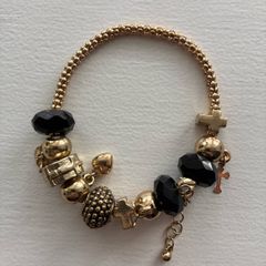 Gold & Black Religious Cross Dangle Charm Beaded Bracelet  Description