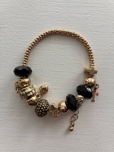 Gold & Black Religious Cross Dangle Charm Beaded Bracelet  Description