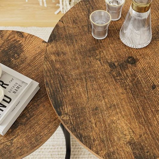 Round Coffee Tables, Removable Set of 2 End Table, Nesting Tables with Black Metal Frame Legs and Marble Black Top for Living Room, Bedroom, Office, Balcony, Apartment (Rustic Brown)