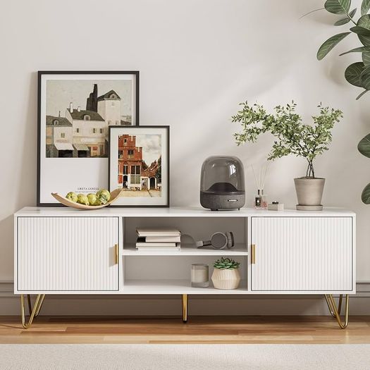 White Wood TV Stand for up to 65 Inch TV, 137cm TV Unit with 2 Cabinets and Open Shelves, Modern TV Console Table for Living Room,53.9 x 15.0 x 18.9 inches