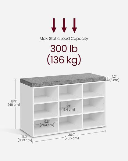 New 9 Compartment Shoe Bench With Padded Stool (White) FREE P&P