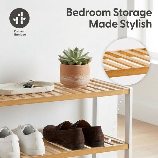 3 Tier Natural Bamboo Shoe Rack Easy Assembly & Strong Design Stand Shelf Organiser Ideal for Corridor,Bedroom,Bathroom,Hallway & Small Spaces Large Capacity Up to 9 Pairs of Shoes(55x70x25cm)