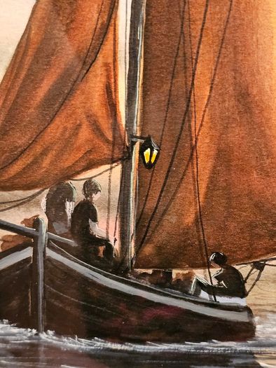 Original Painting , Watercolour by Helen Mulkerns (1996) - Galway Hooker at Sunset