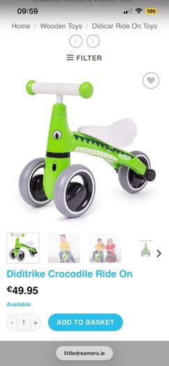 Kids green tricycle bike Diditrike Crocodile ride on