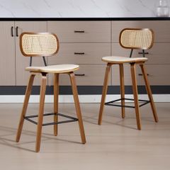 Set of 2 Rattan Bar Stools for Kitchen, Bar Chair, Counter Stool, PU Leather, Breakfast High Stool with Wooden Legs for Dining Room, Living Room (Beige)