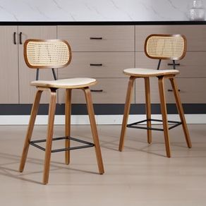 Set of 2 Rattan Bar Stools for Kitchen, Bar Chair, Counter Stool, PU Leather, Breakfast High Stool with Wooden Legs for Dining Room, Living Room (Beige)