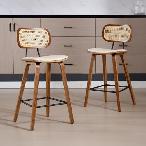 Set of 2 Rattan Bar Stools for Kitchen, Bar Chair, Counter Stool, PU Leather