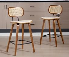 Set of 2 Rattan Bar Stools for Kitchen, Bar Chair, Counter Stool, PU Leather