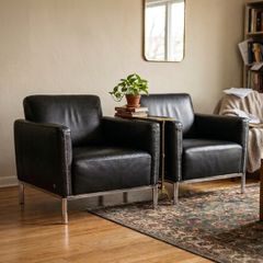 Black Leather & Chrome Armchairs (Swedish)