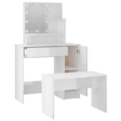 Dressing Table Set with LED High Gloss White Engineered Wood