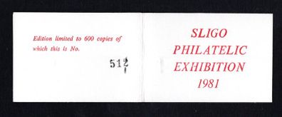 1981 Ireland Sligo Philatelic Society Exhibition Booklet containing 2X 19p An Oige Commentative stamps & 2X1/2p & 1X1p pange of 6 gerl definitive stamps Mint Never Hinged (MNH) no 512