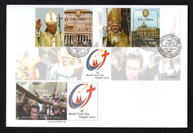 2005 Isle of Man 20th World Youth Day (showing Pope John Paul & Pope Benedict) Commemorative Stamps Miniature Sheet First Day Cover (FDC)