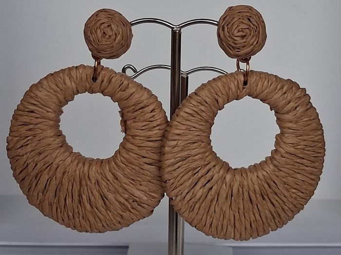 Coffee Beige Raffia Woven Stud Hollow Out Woven Hoop Earrings