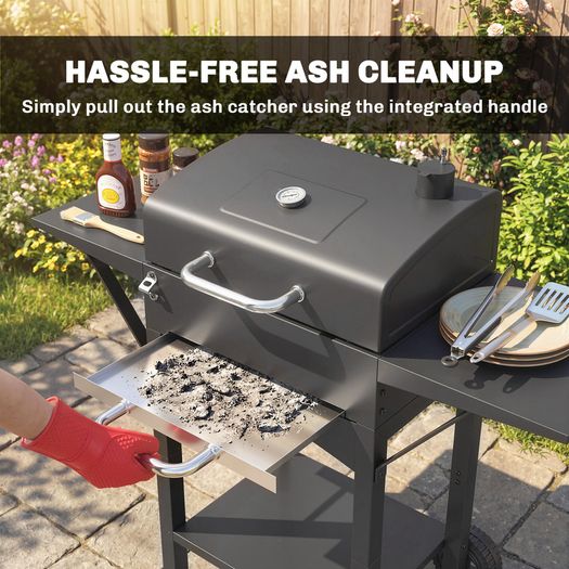 Charcoal grill with lid, BBQ smoker grill with 2 side tables Large grill area Grill grate Thermometer