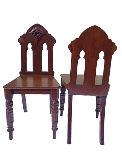 CLEARANCE: PAIR of antique 19th century Victorian Gothic mahogany hall chairs