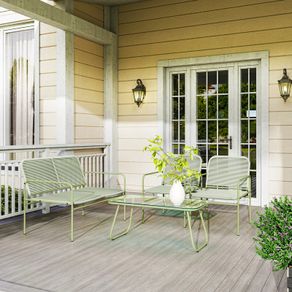 4-Seater Garden Set, 2-Seater Sofa, 2 Chairs, Tempered Glass Table Steel Frame Green