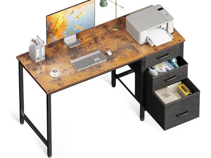 Computer Desk with Drawers Office Desk with Storage, Reversible Small Desks for Home Office Vintage Brown