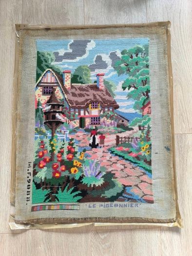 Vintage Hand Stitched Needlepoint Tapestry in Ornate Frame wall art Le Digeonier cottage