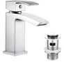 Waterfall with Pop up Waste Slotted Square Bathroom Sink Mixer Tap with G1/2 UK Standard Hoses Single Lever Mono Monobloc Modern Cloakroom Faucet 1 Hole Image 2