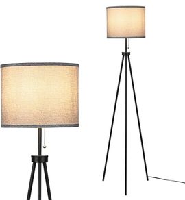 LED Tripod Floor Lamp Standing Tall Lamps with Grey Cylinder Shade and Convenient Pulling Switch Standard Lights for Reading Living Room Lounge Bedroom Office Studio (FREE POSTAGE)