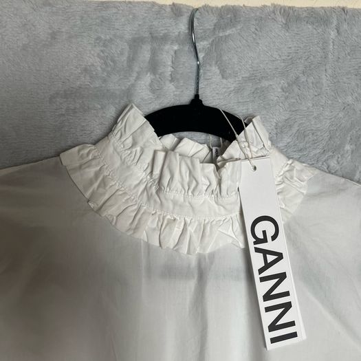 Ganni Cotton Poplin Blouse Sz 8UK 4US S White Ruffle Smock Classic Collar