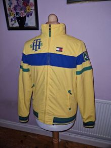 Tommy Hilfiger Mens Jacket XS Yellow Brasil Patch Embroidered Spellout VTG