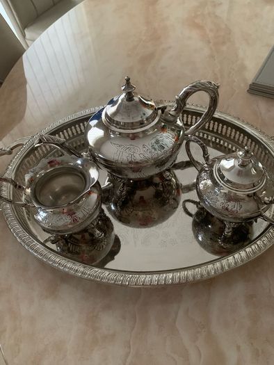 Silver Tea pot sugar & jug Set with oval tray