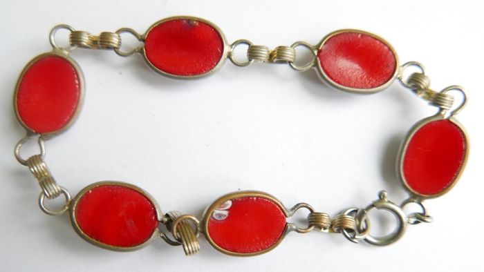 Vintage Glass Millefiori Red Italian Link Bracelet length 8"